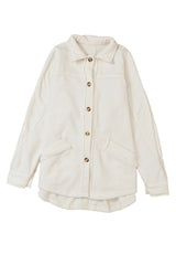 Beige Button-Up Stitching Pocket Raw Hem Shacket from MsDressly