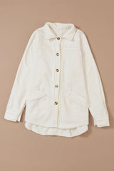 Beige Button-Up Stitching Pocket Raw Hem Shacket from MsDressly