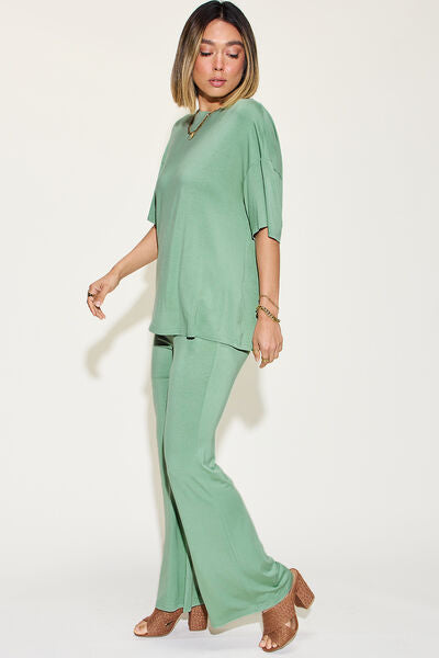 Basic Bae Full Size Bamboo Drop Shoulder T-Shirt and Flare Pants Set from Enfance-Heureuse