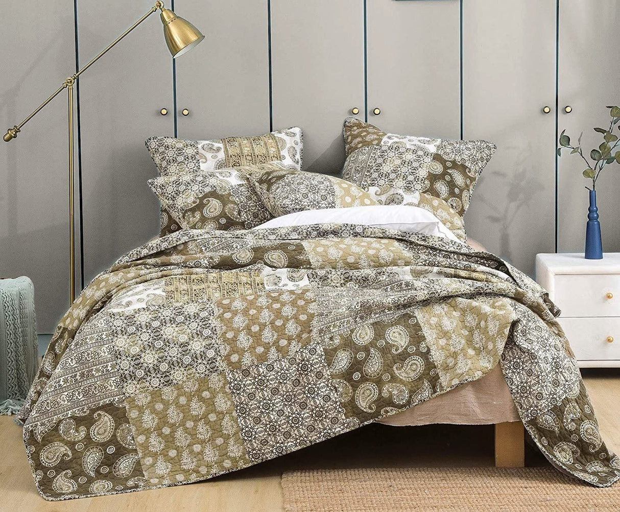 DaDa Bedding Bohemian Olive Brown Moroccan Paisley Floral Filigree Patchwork Cotton Bedspread Set (JHW-885) from DaDalogy Bedding Collection