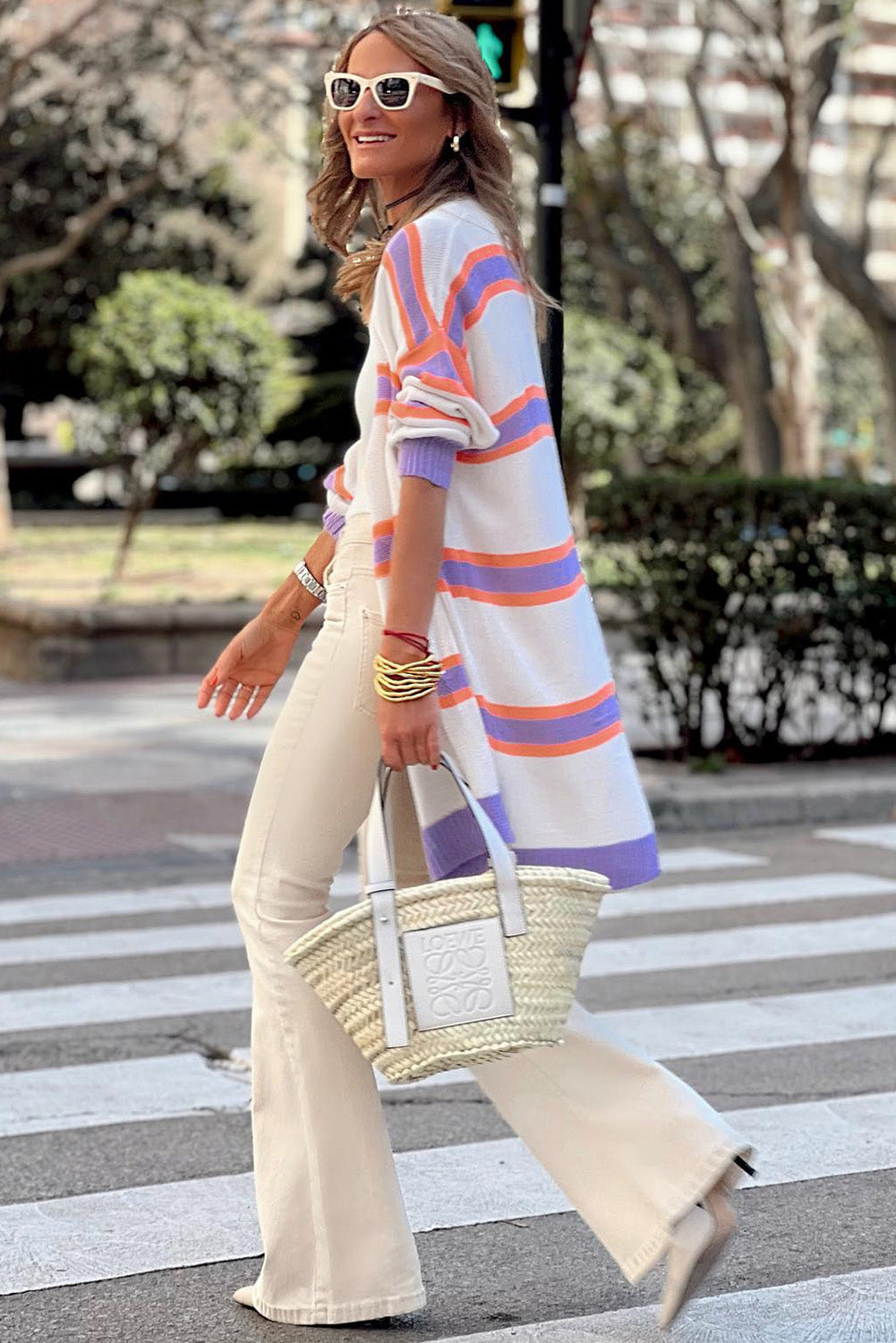 Beige Button-Up Striped Cardigan with Ribbed Trim and Long Sleeves from MsDressly