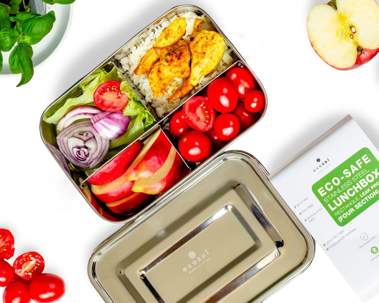 STAINLESS STEEL LUNCH BOX, 4 COMPARTMENT MICROWAVABLE, 50 OZ from ecozoi