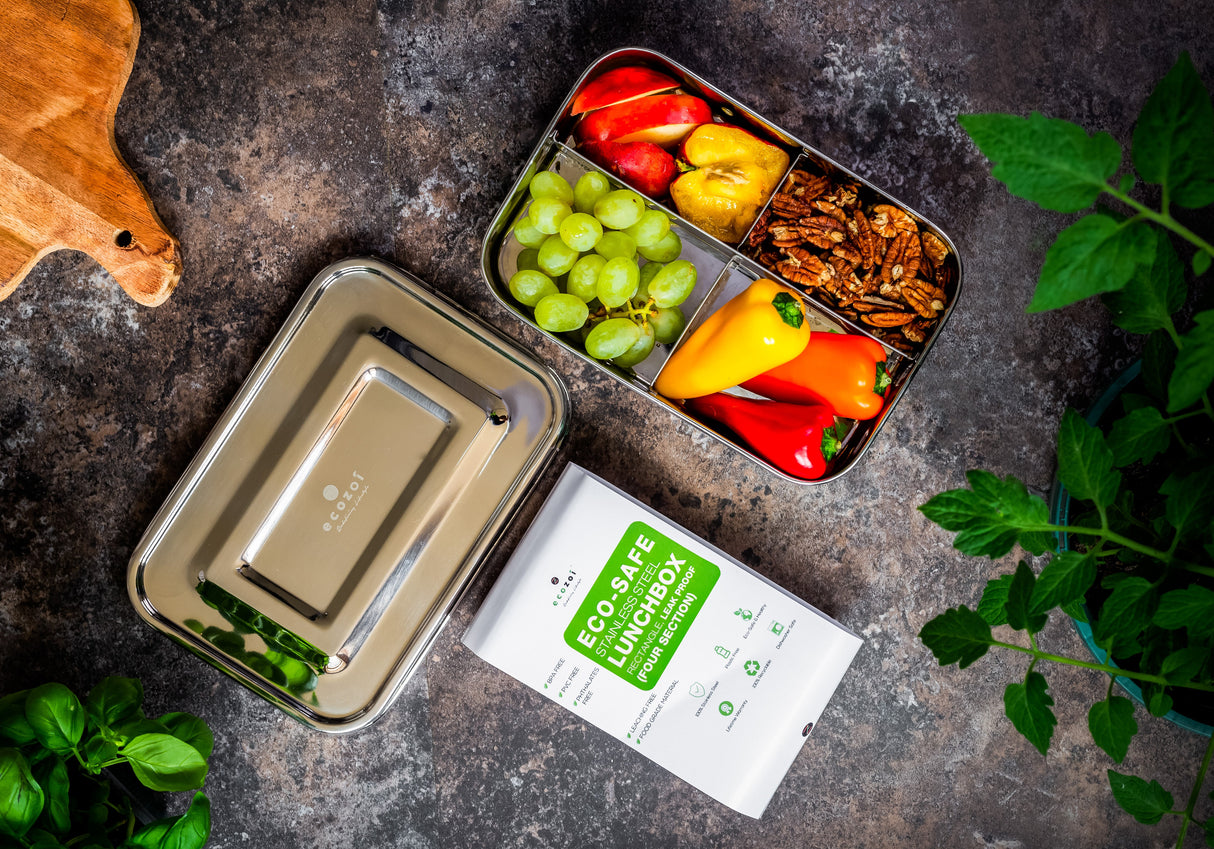 STAINLESS STEEL LUNCH BOX, 4 COMPARTMENT MICROWAVABLE, 50 OZ from ecozoi