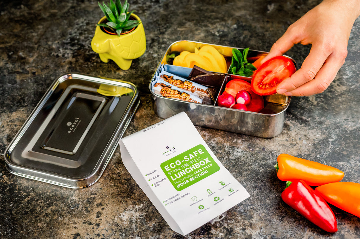 STAINLESS STEEL LUNCH BOX, 4 COMPARTMENT MICROWAVABLE, 50 OZ from ecozoi