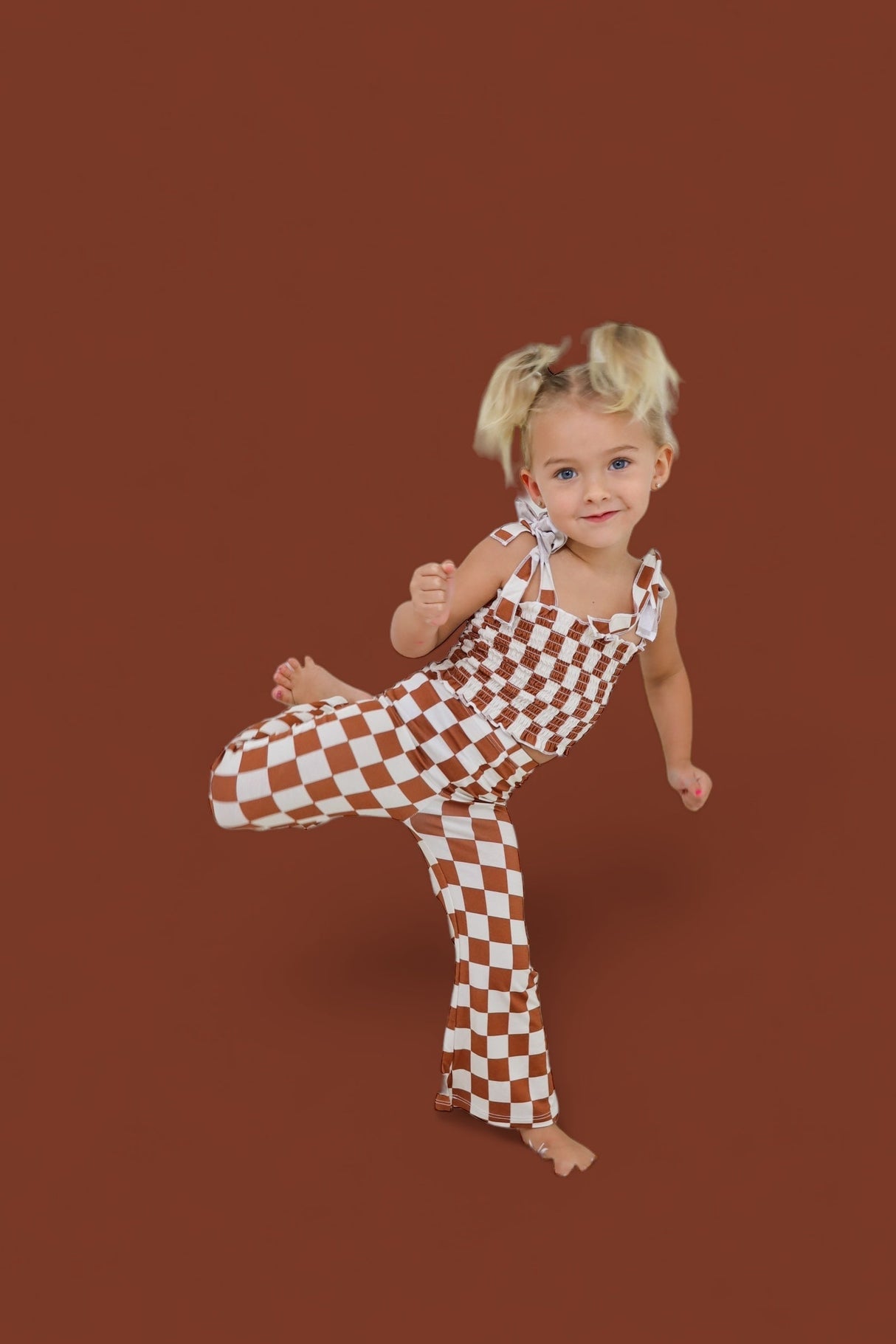 COPPER CHECKERS DREAM SMOCKED FLARE SET from DREAM BIG LITTLE CO