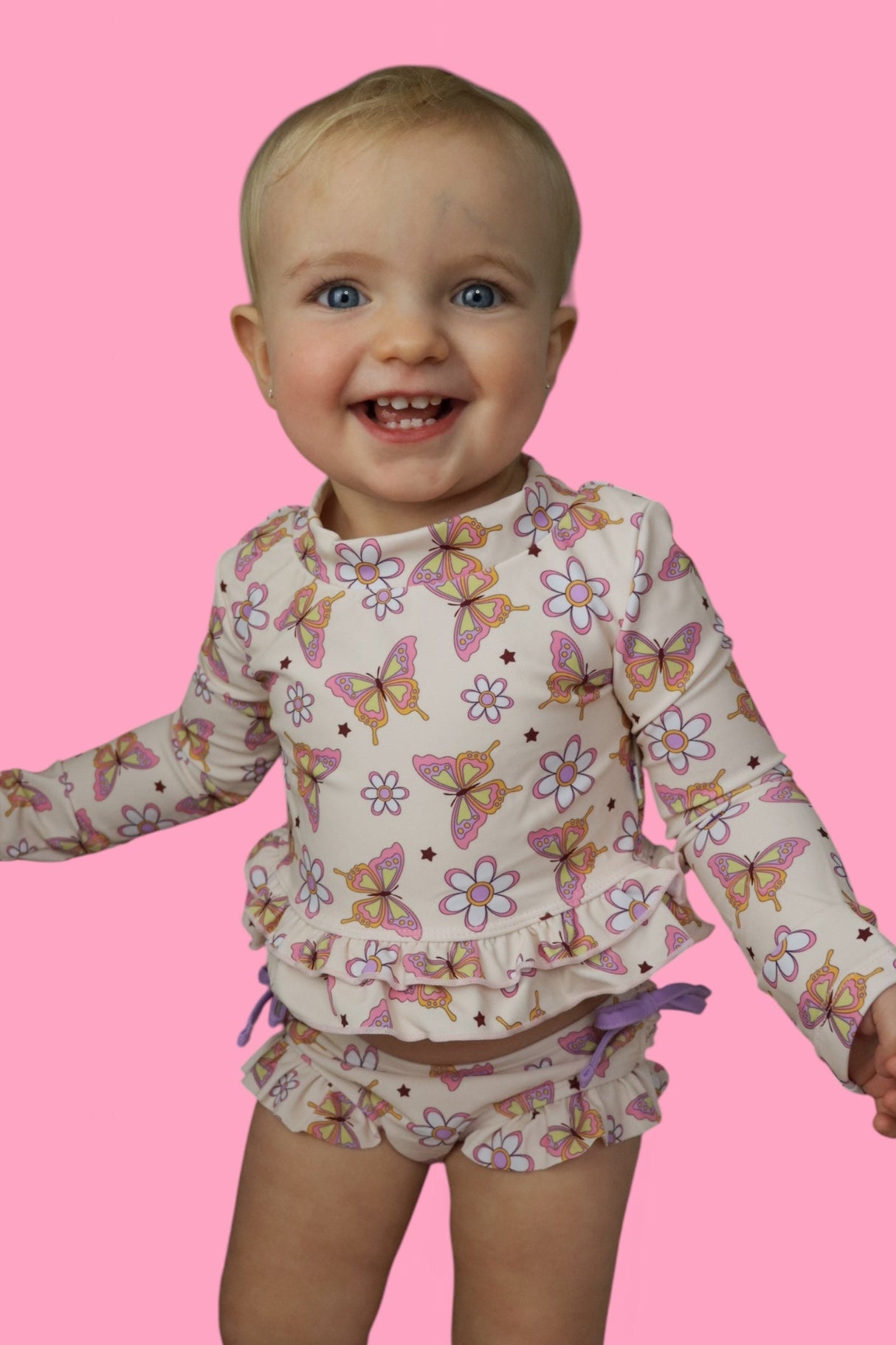 BLOSSOMIN’ BUTTERFLY DREAM 2-PIECE RASH GUARD RUFFLE SWIM SUIT from DREAM BIG LITTLE CO