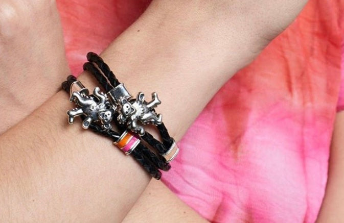 Dancing Bear Sterling Silver, Orange and Pink Enamel & Leather Bracelet from Cynthia Gale New York