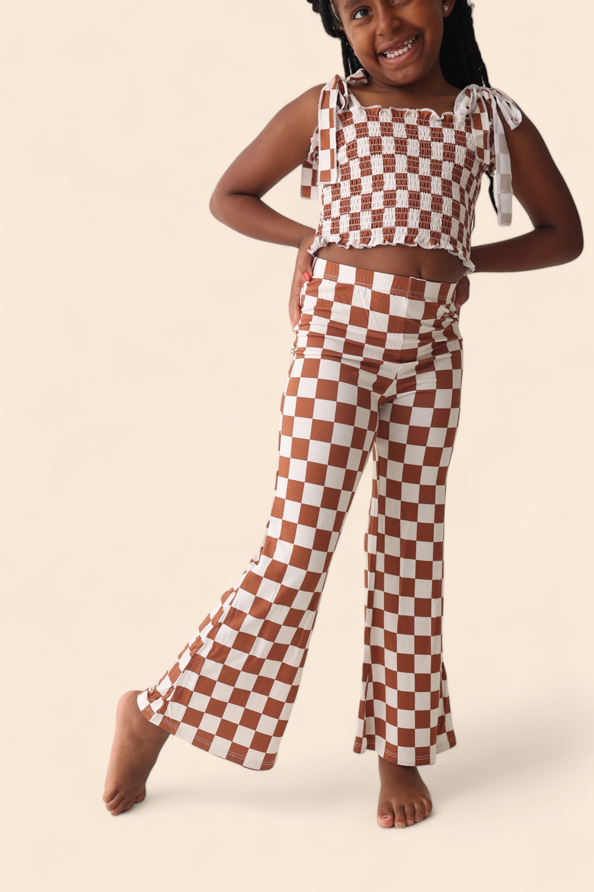 COPPER CHECKERS DREAM SMOCKED FLARE SET from DREAM BIG LITTLE CO