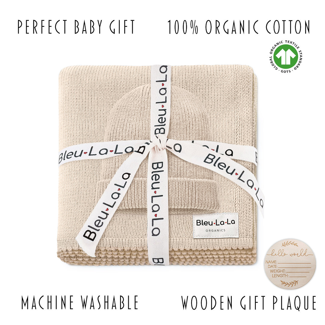 Luxe Collection 100% Organic Cotton Luxury Knit Baby Blanket + Hat Set with Gift Box from Bleu La La