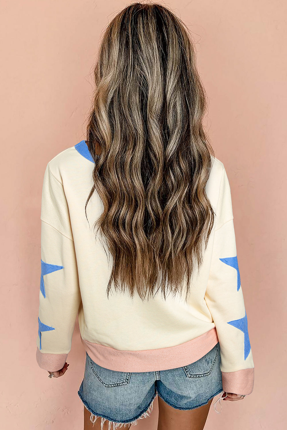 Beige Star Patchwork Exposed Seam Oversized Sweatshirt from MsDressly