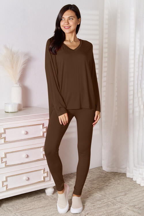 Basic Bae Full Size V-Neck Soft Rayon Long Sleeve Top and Pants Lounge Set from Enfance-Heureuse