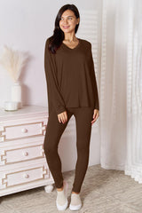 Basic Bae Full Size V-Neck Soft Rayon Long Sleeve Top and Pants Lounge Set from Enfance-Heureuse