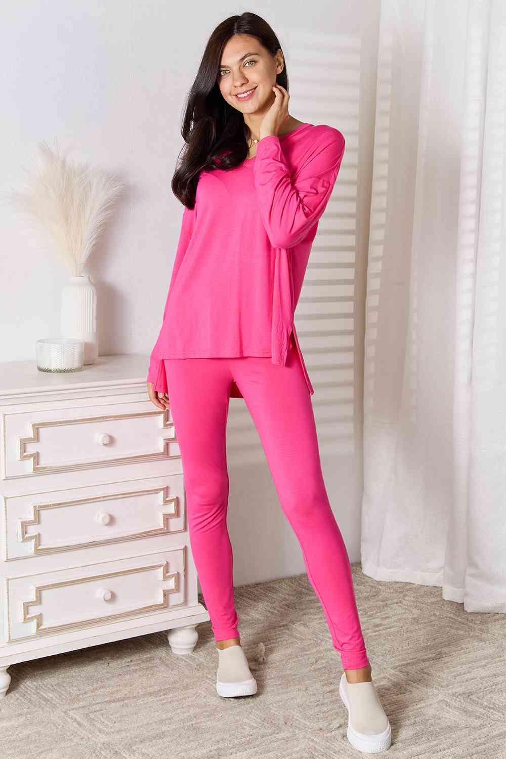 Basic Bae Full Size V-Neck Soft Rayon Long Sleeve Top and Pants Lounge Set from Enfance-Heureuse