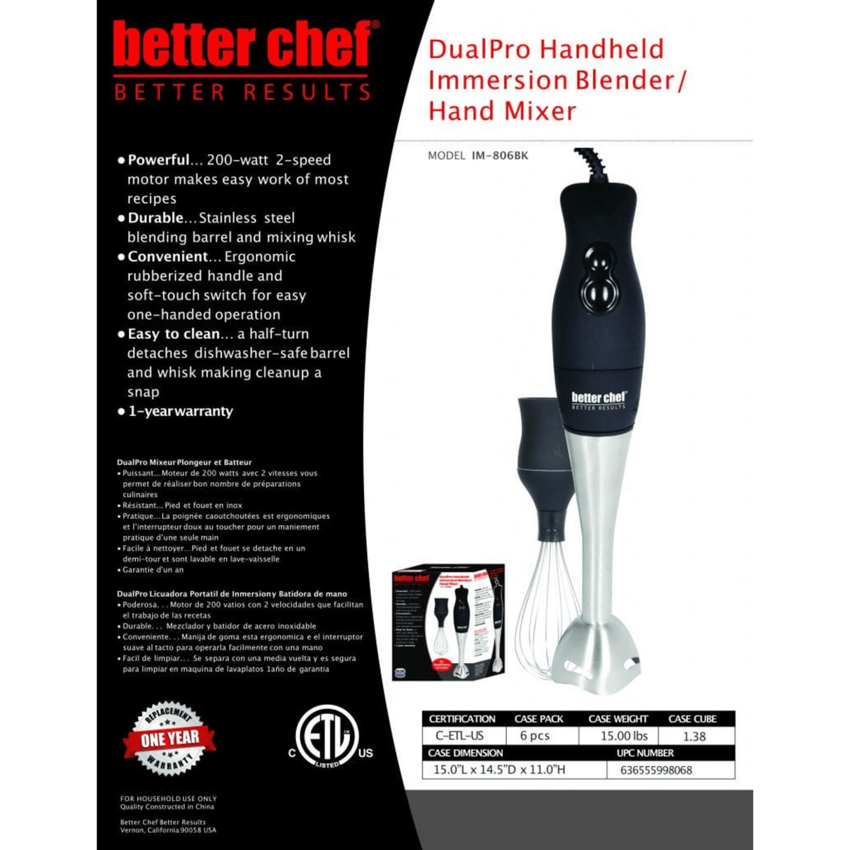 Better Chef 200W DualPro Immersion Blender Hand-Mixer with Cup and Beater from Jupiter Gear Home