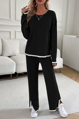 Devine Contrast Trim Round Neck Top and Pants Set from Enfance-Heureuse