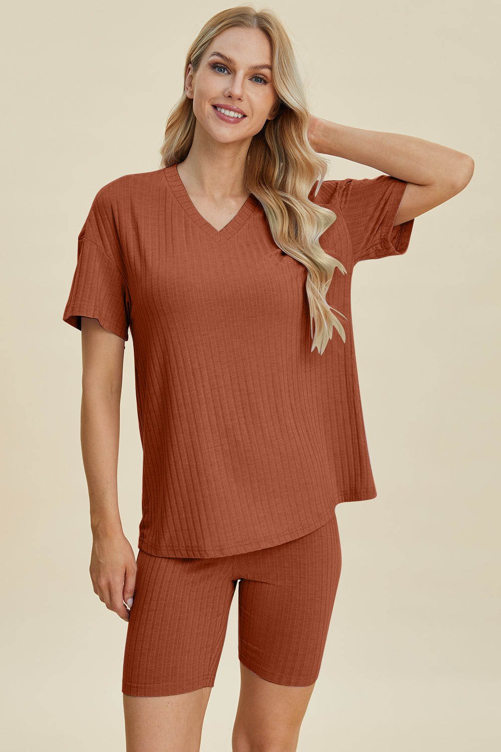 Basic Bae Full Size Ribbed V-Neck Short Sleeve Top and Shorts Set from Enfance-Heureuse