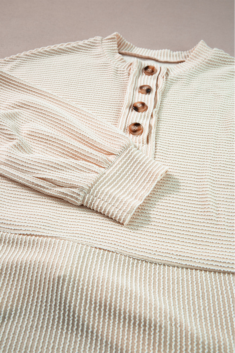 Apricot Corded Texture Lantern Sleeve Buttons Henley Sweatsuit from MsDressly