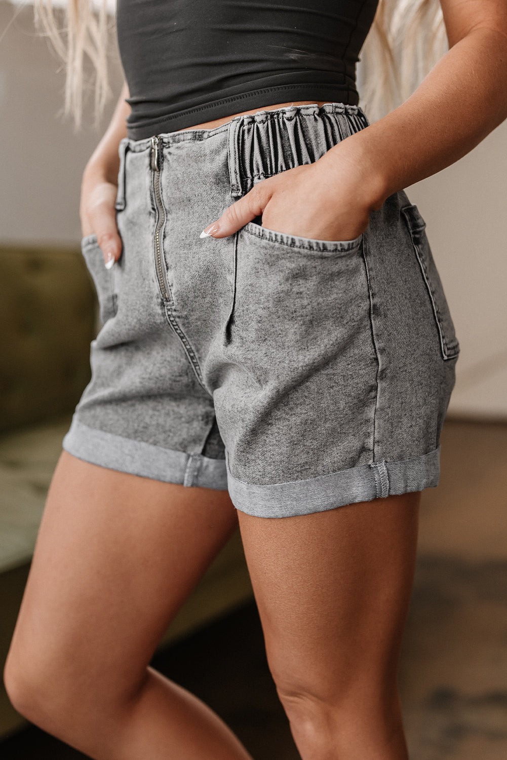 Blaire Zipped Light Wash Cuffed Edge Denim Shorts from Threaded Pear