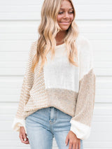 Beige Knit Tie Detail Drop Shoulder Sweater with Mixed Patterns from MsDressly