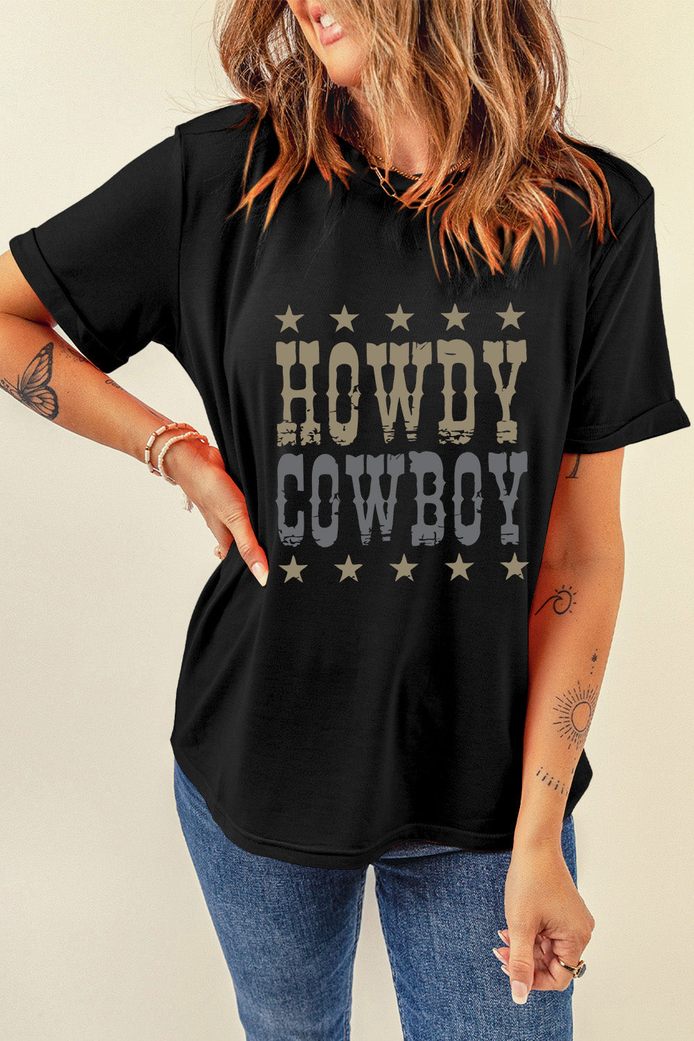 Black HOWDY COWBOY Star Print Crew Neck Loose T Shirt from MsDressly