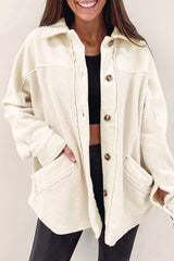 Beige Button-Up Stitching Pocket Raw Hem Shacket from MsDressly