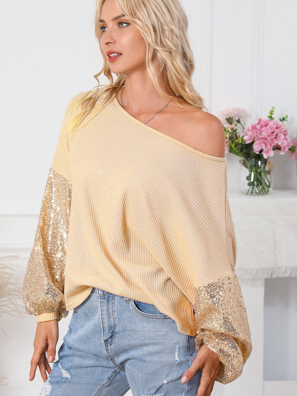 Apricot Sequin Patchwork Waffle Knit Open Back Top with Long Sleeves from MsDressly