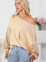 Apricot Sequin Patchwork Waffle Knit Open Back Top with Long Sleeves from MsDressly