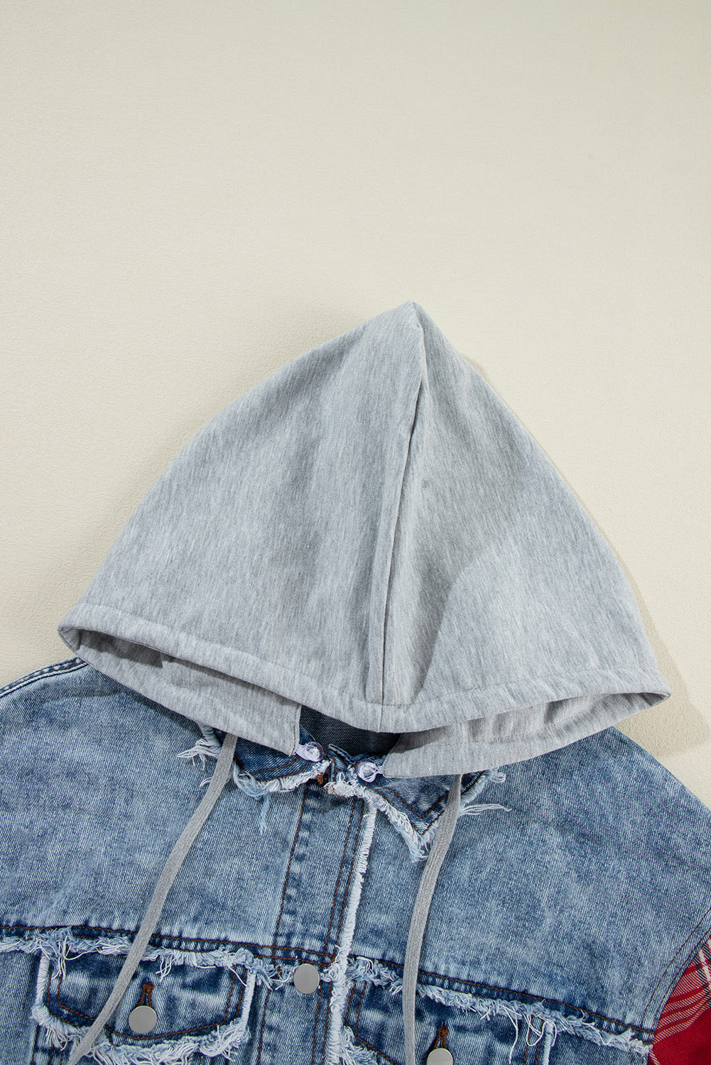 Beau Blue Plaid Print Patchwork Hooded Raw Hem Denim Jacket from MsDressly