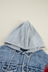 Beau Blue Plaid Print Patchwork Hooded Raw Hem Denim Jacket from MsDressly