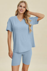 Basic Bae Full Size Ribbed V-Neck Short Sleeve Top and Shorts Set from Enfance-Heureuse
