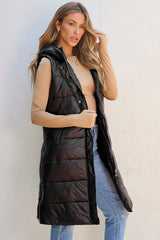 Black Hooded Long Quilted Vest Coat From MsDressly