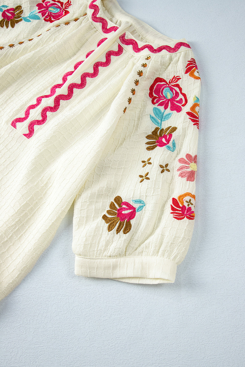 Beige Floral Embroidered Ricrac Puff Sleeve Textured Blouse from MsDressly