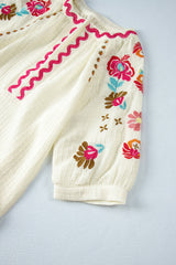 Beige Floral Embroidered Ricrac Puff Sleeve Textured Blouse from MsDressly