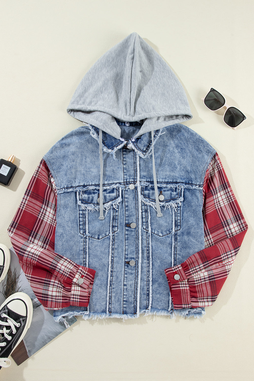 Beau Blue Plaid Print Patchwork Hooded Raw Hem Denim Jacket from MsDressly