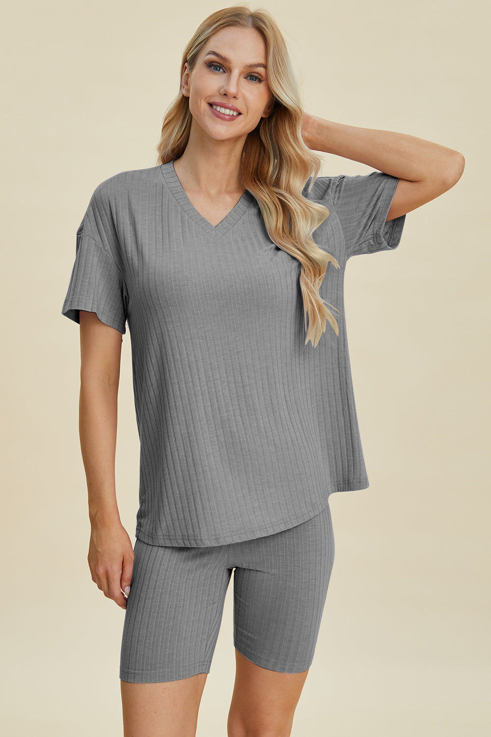 Basic Bae Full Size Ribbed V-Neck Short Sleeve Top and Shorts Set from Enfance-Heureuse