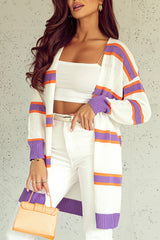 Beige Button-Up Striped Cardigan with Ribbed Trim and Long Sleeves from MsDressly