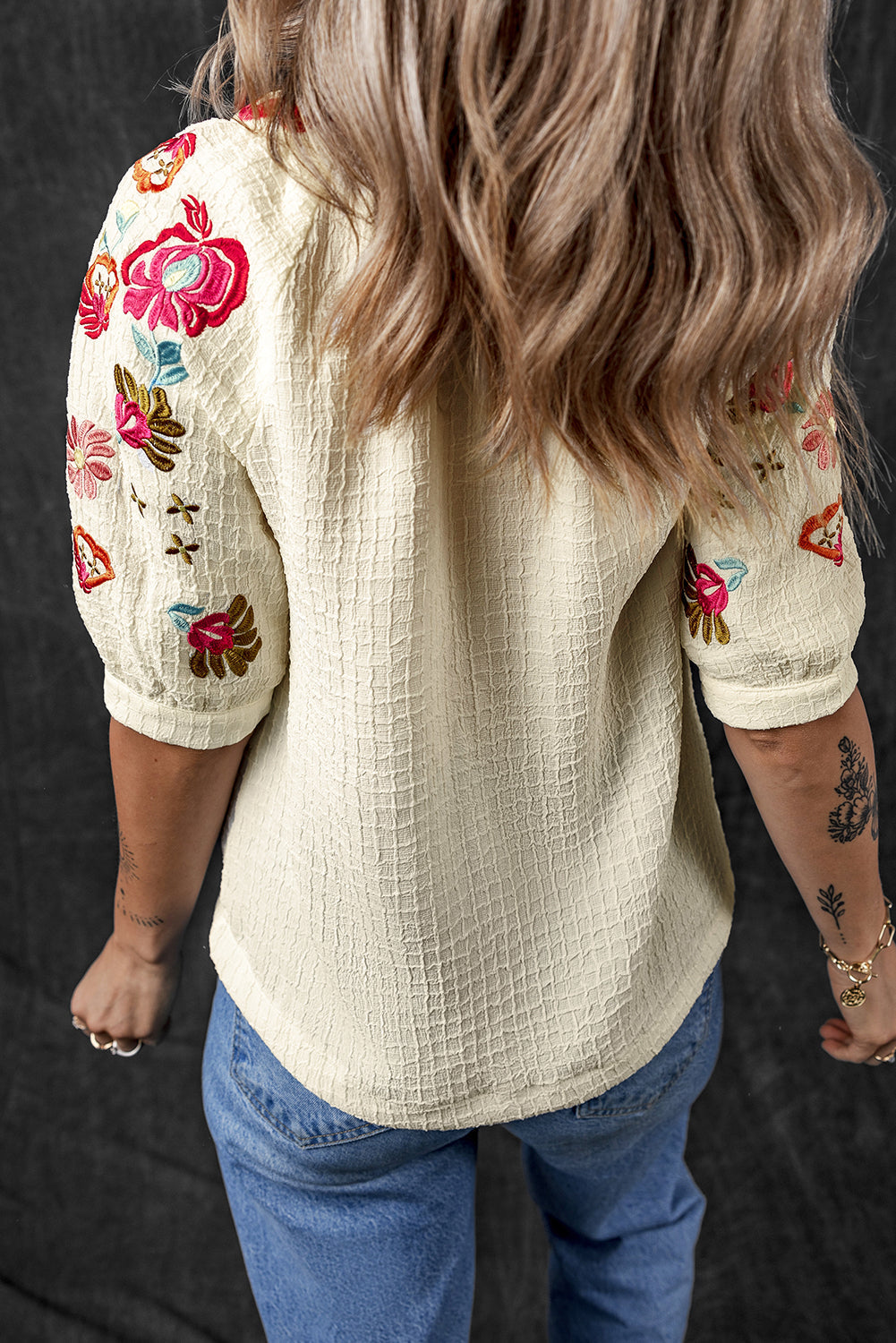 Beige Floral Embroidered Ricrac Puff Sleeve Textured Blouse from MsDressly