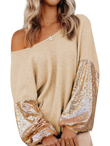 Apricot Sequin Patchwork Waffle Knit Open Back Top with Long Sleeves from MsDressly