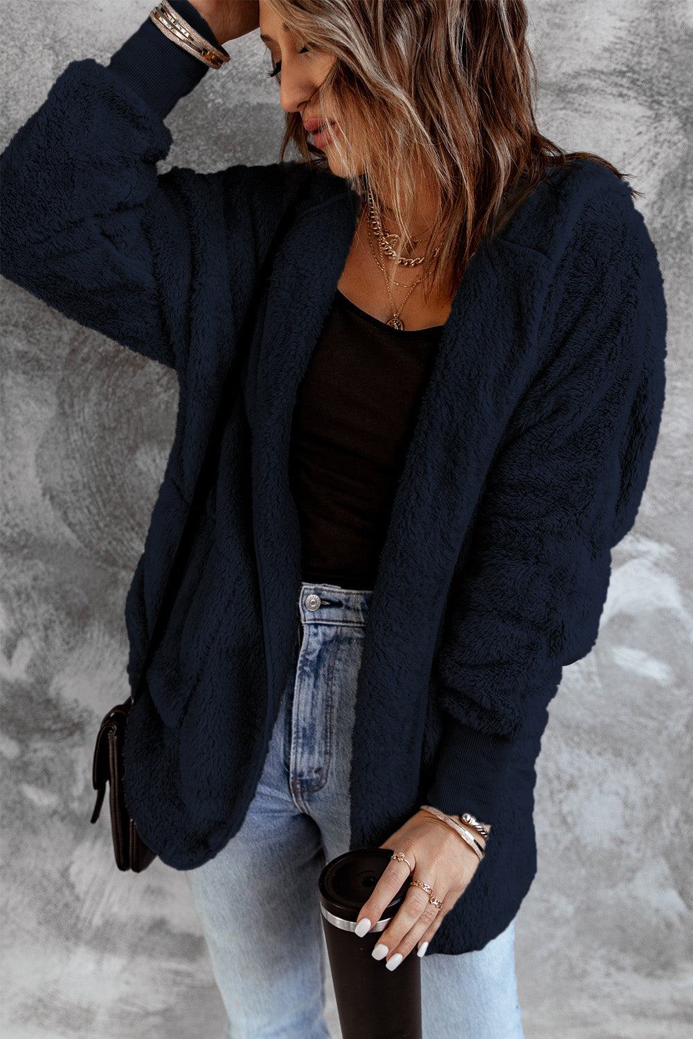 Blue Soft Fleece Hooded Open Front Coat From MsDressly