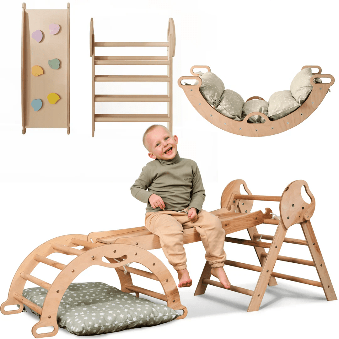 4in1 Montessori Climbing Set: Pikler Triangle, Arch, Slide Board, and Cushion for Toddlers (1–3 Years) from Goodevas