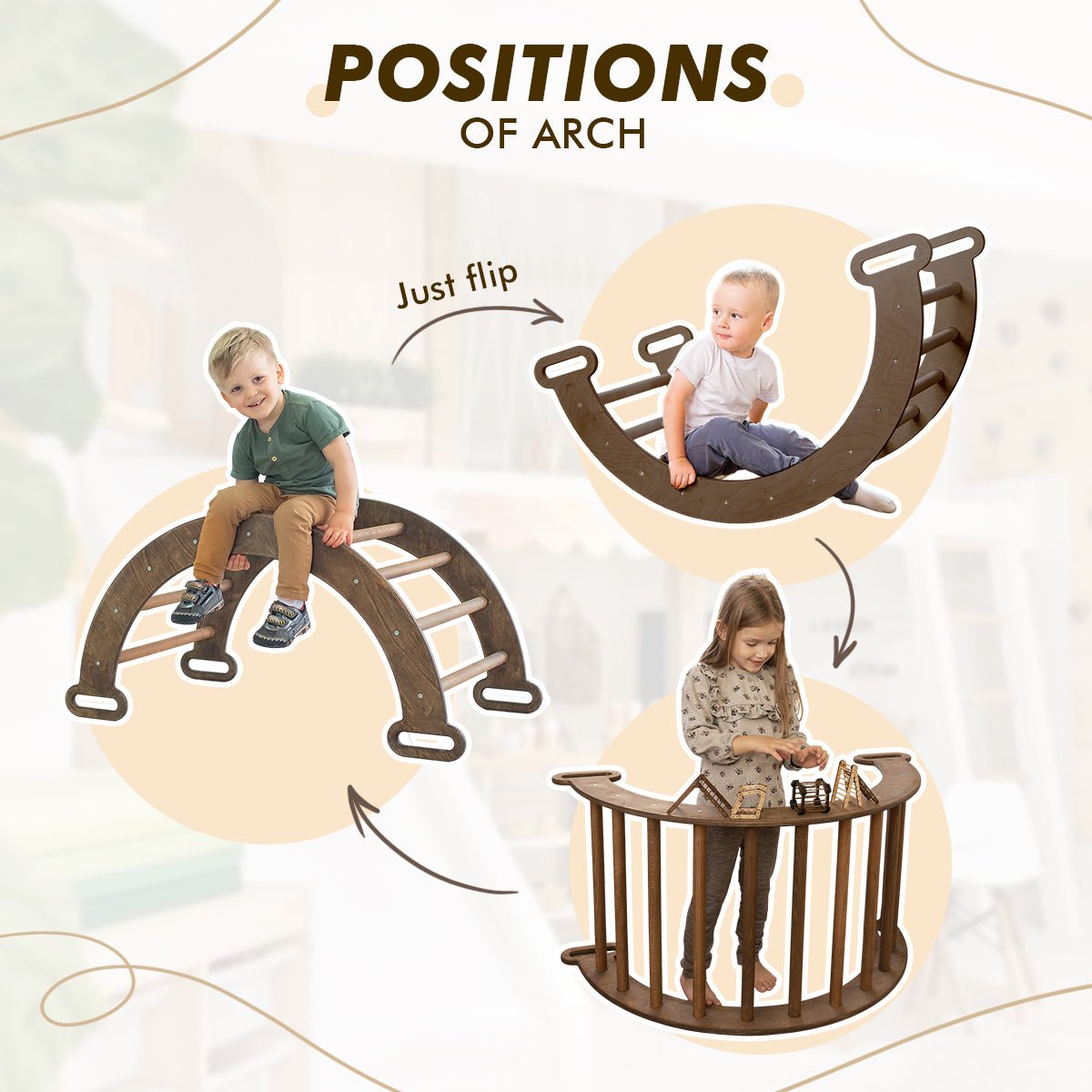 The 4in1 Montessori Climbing Set consists of: Triangle Ladder + Arch/Rocker + Slide Board/Ramp + Net – Chocolate from Goodevas