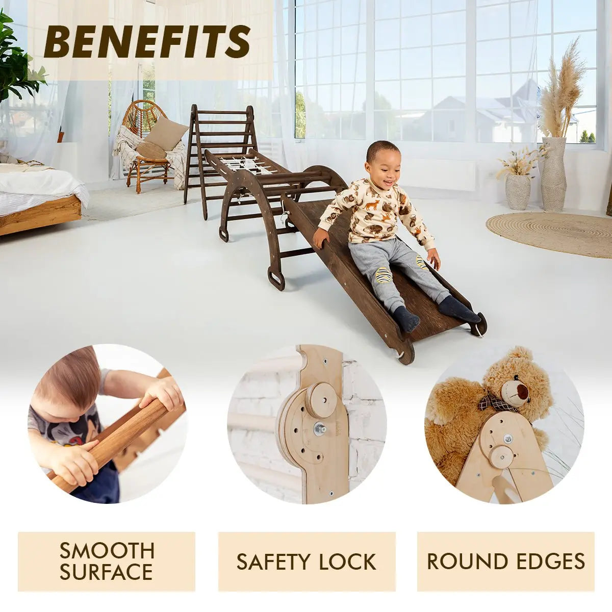 The 4in1 Montessori Climbing Set consists of: Triangle Ladder + Arch/Rocker + Slide Board/Ramp + Net – Chocolate from Goodevas