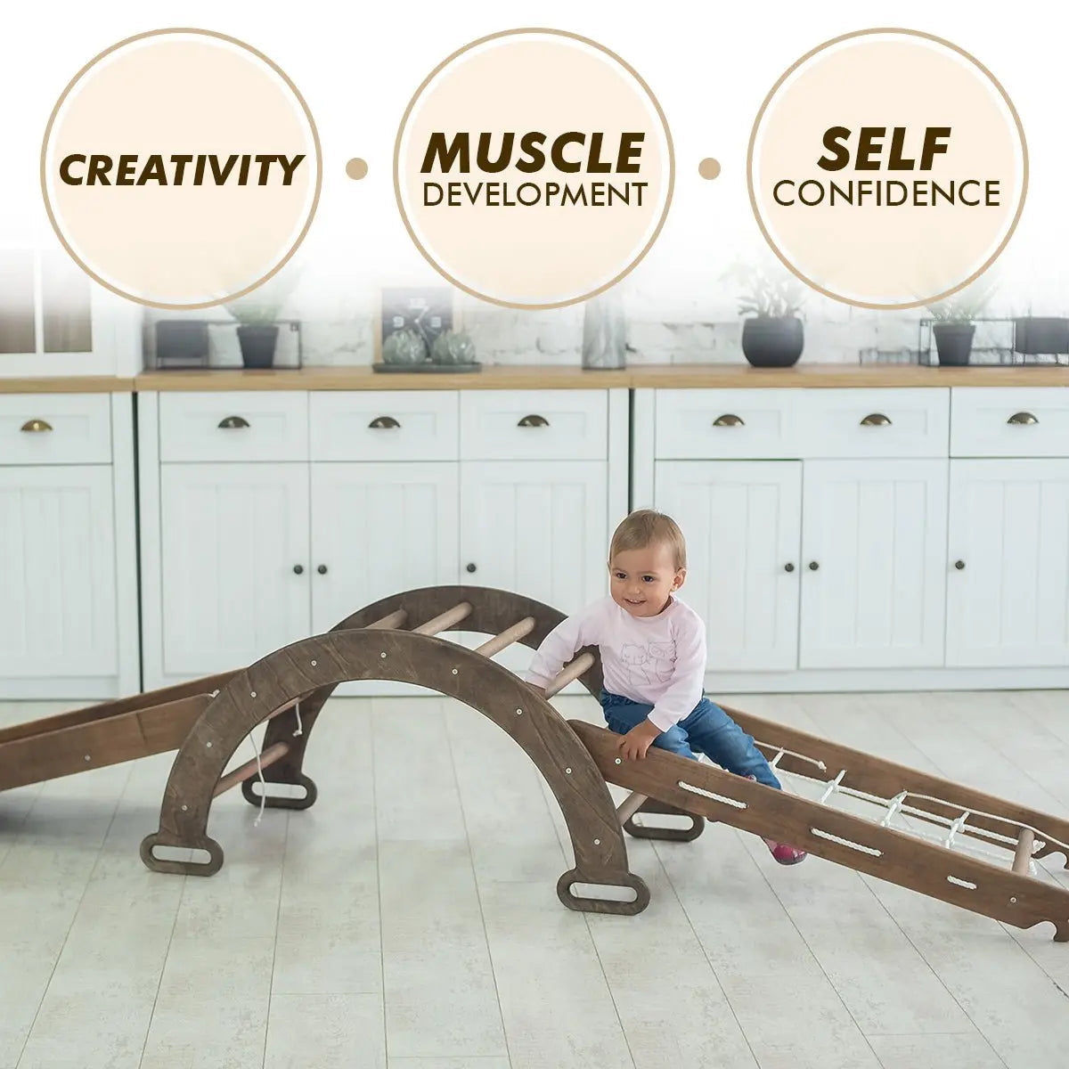 The 4in1 Montessori Climbing Set consists of: Triangle Ladder + Arch/Rocker + Slide Board/Ramp + Net – Chocolate from Goodevas