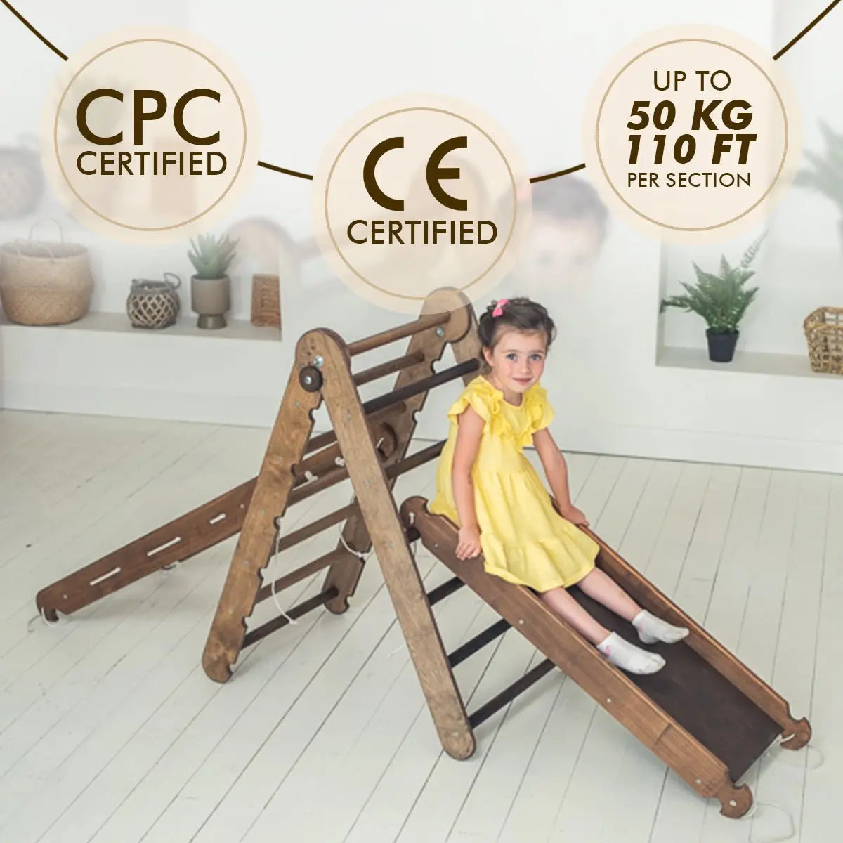 The 4in1 Montessori Climbing Set consists of: Triangle Ladder + Arch/Rocker + Slide Board/Ramp + Net – Chocolate from Goodevas