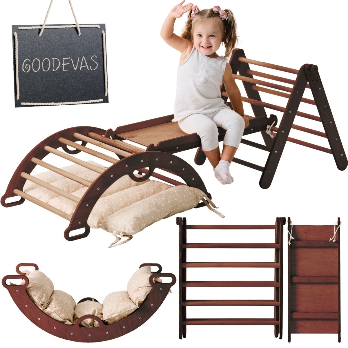 4in1 Montessori Climbing Set: Triangle Ladder + Climbing Arch + Slide Board + Cushion (1-3 y.o) from Goodevas