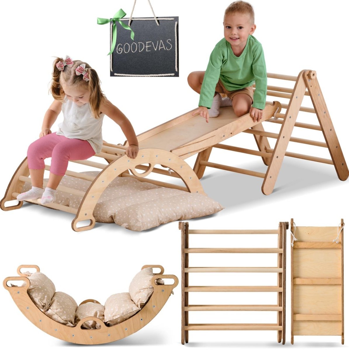 4in1 Montessori Climbing Set: Triangle Ladder + Climbing Arch + Slide Board + Cushion (1-3 y.o) from Goodevas