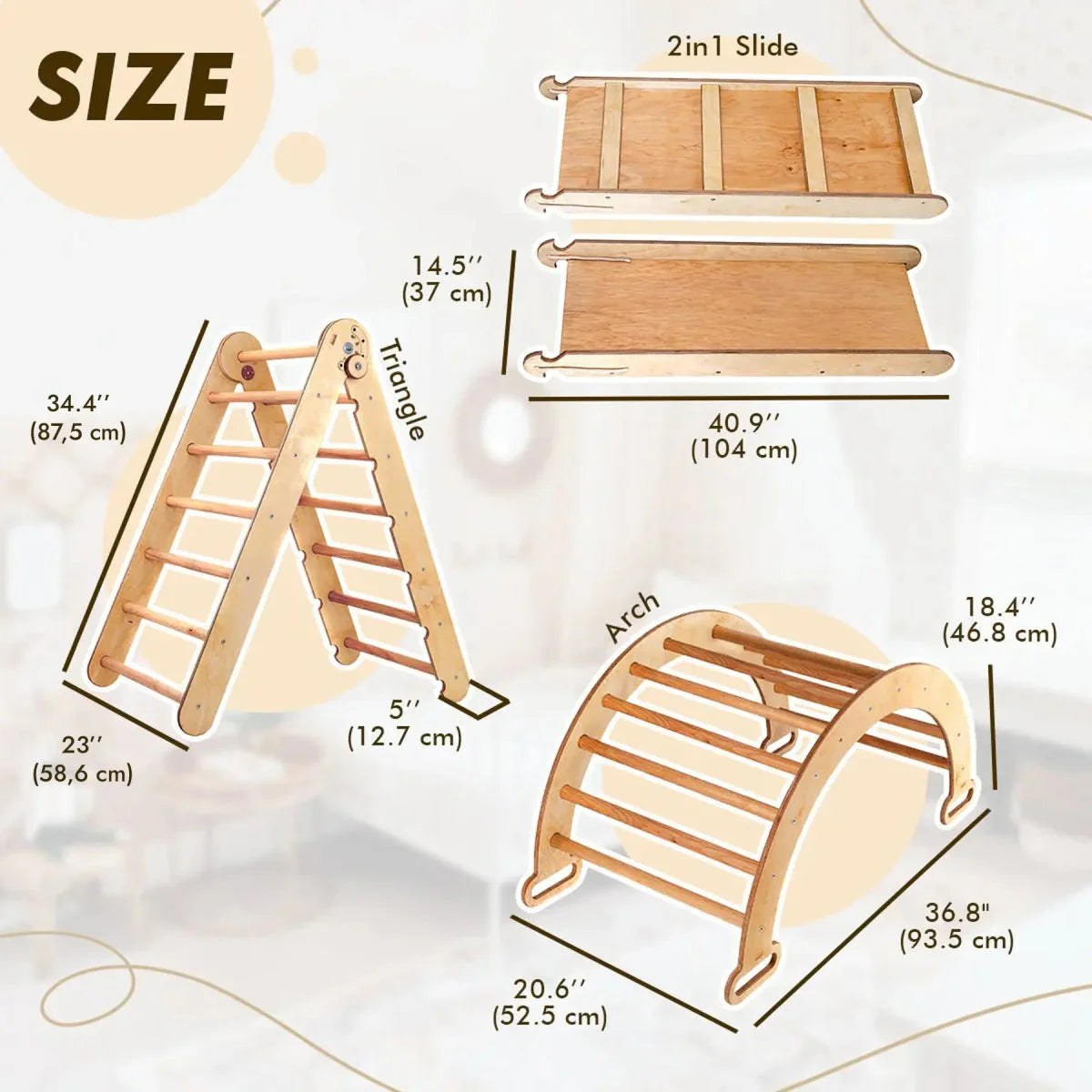 4in1 Montessori Climbing Set: Triangle Ladder + Climbing Arch + Slide Board & Cushion – Beige from Goodevas