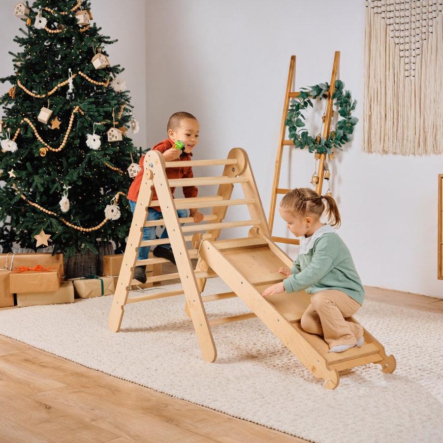 4in1 Montessori Climbing Set: Triangle Ladder + Climbing Arch + Slide Board & Cushion – Beige from Goodevas