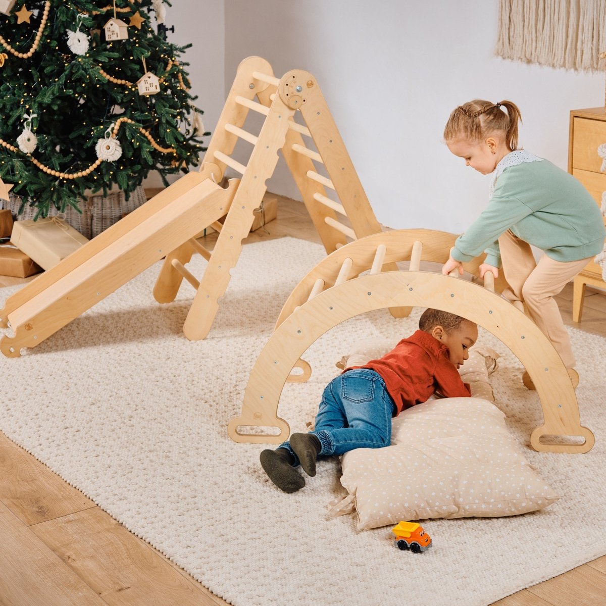 4in1 Montessori Climbing Set: Triangle Ladder + Climbing Arch + Slide Board & Cushion – Beige from Goodevas