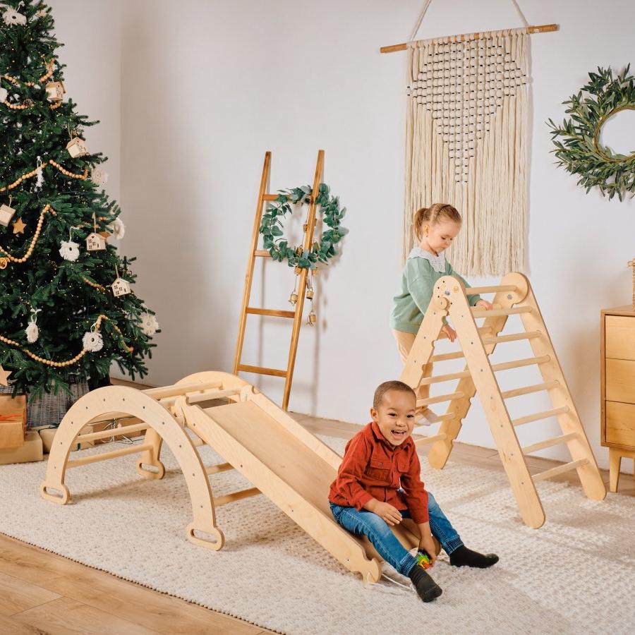 4in1 Montessori Climbing Set: Triangle Ladder + Climbing Arch + Slide Board & Cushion – Beige from Goodevas